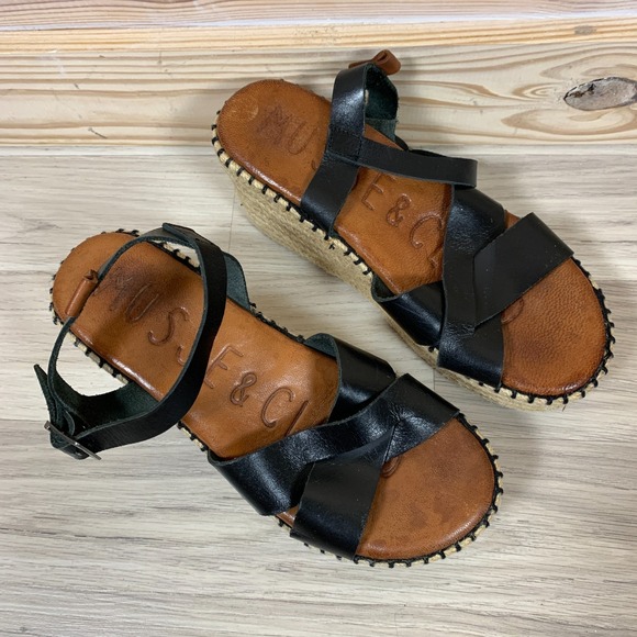 Musse & Cloud Anthropologie Sandal 39 Wedge Black Leather Platform Espadrille - Picture 2 of 10